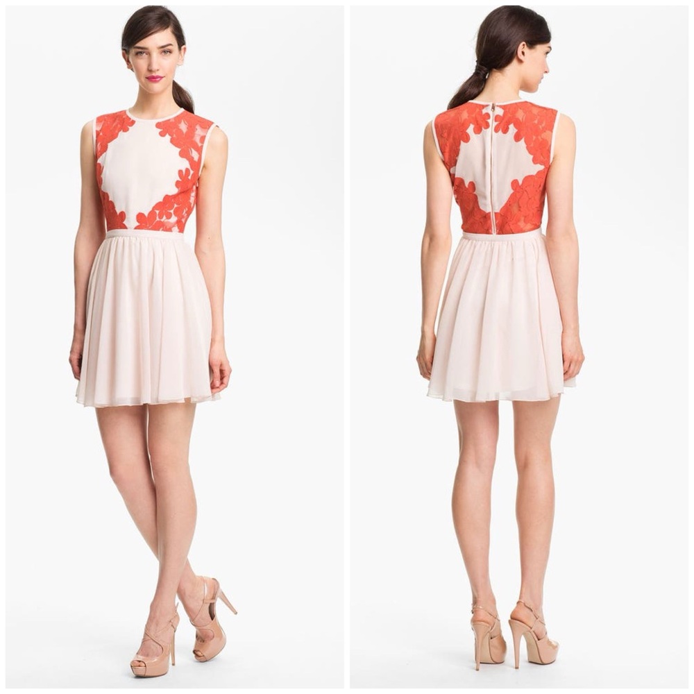 $275 NWOT Ted Baker Vember Neon Lace Blossom Nude Pink Chiffon Dress Size 6